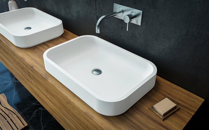 Solace-A White Rectangular Stone Vessel Sink