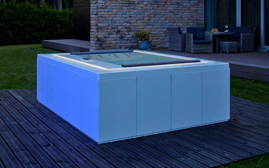 Downtown Infinity Spa w White Composite Siding (fmr. Maridur)