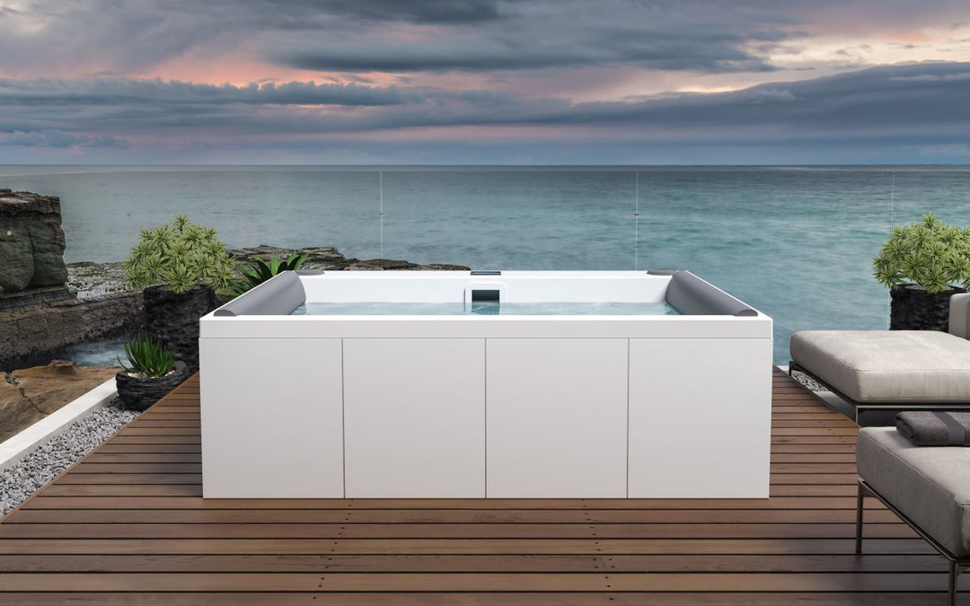 Downtown Spa with White Composite Siding (fmr. Maridur)