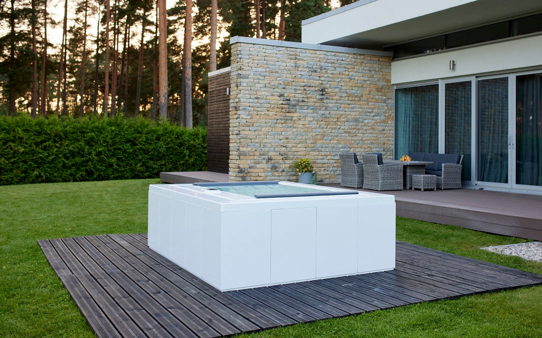 Downtown Infinity Spa w White Composite Siding (fmr. Maridur)