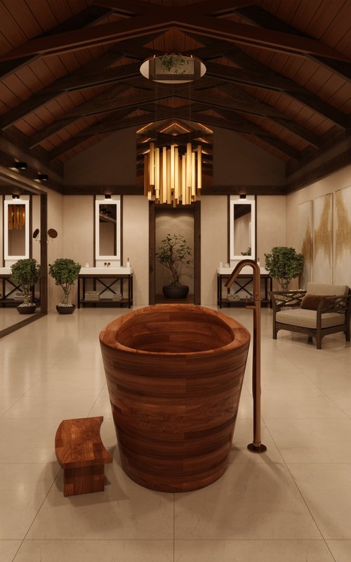 True Ofuro Wood Freestanding Solid Surface Bathtub