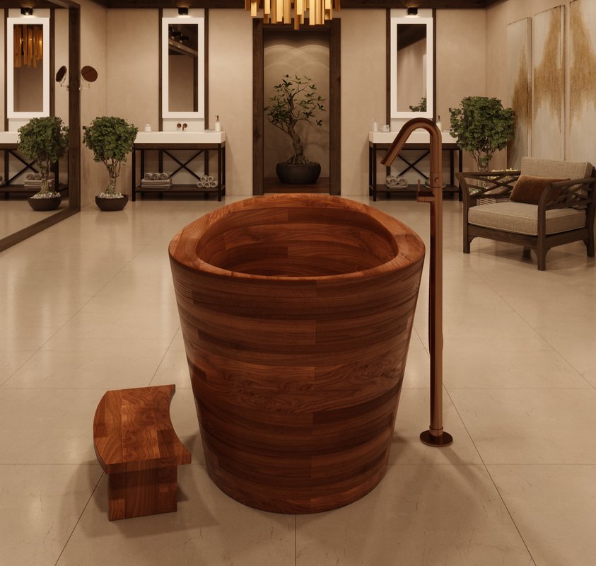 True Ofuro Wood Freestanding Solid Surface Bathtub
