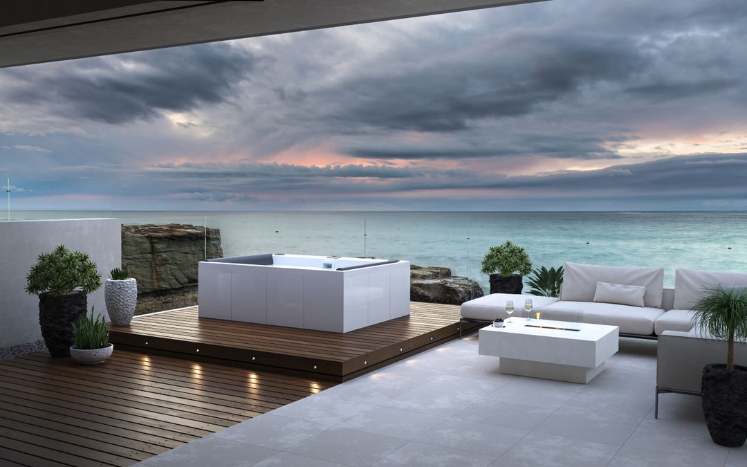 Downtown Spa with White Composite Siding (fmr. Maridur)