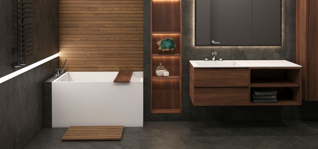 A large luxurious bathroom with a stand alone tub, white vanity